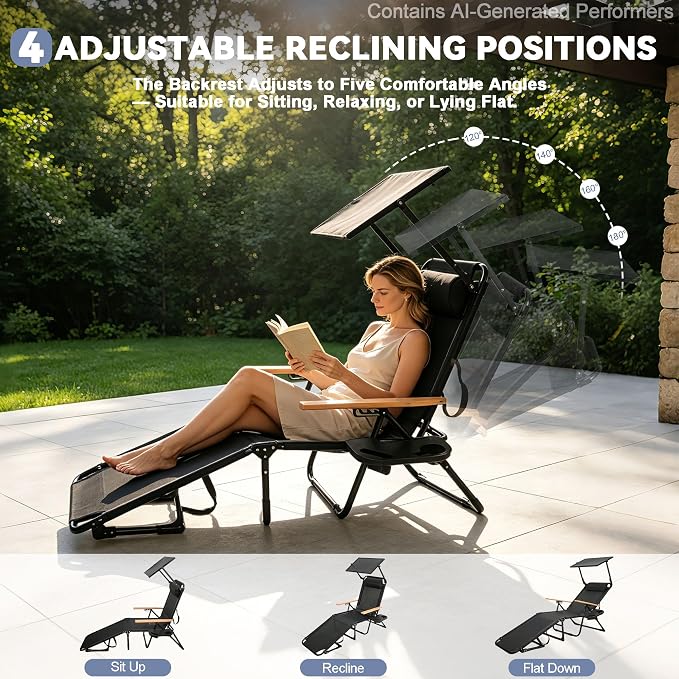 Beach Lounge Chairs with Armrests, 4-Position Folding Lounge Chairs for Outside, Sunbathing Portable Lounge Chaise, Tanning Chair Pillow & Cup Holder, for Outside Beach Pool (Black.)