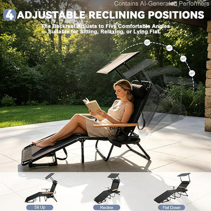 Beach Lounge Chairs with Armrests, 4-Position Folding Lounge Chairs for Outside, Sunbathing Portable Lounge Chaise, Tanning Chair Pillow & Cup Holder, for Outside Beach Pool (Black.)