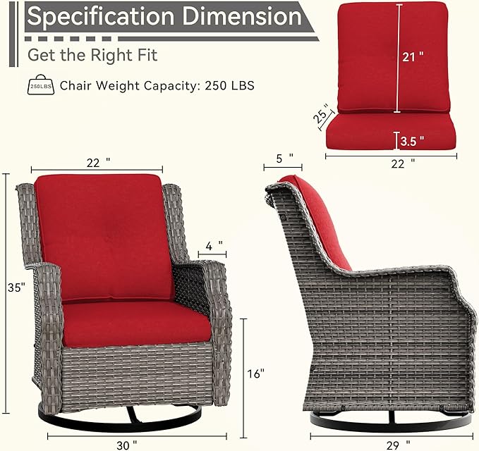 Swivel Patio Chair Outdoors - 360 Degree, Glider Chair with 3.5" Olefin Fabric Cushions (Mixed Grey Rattan/Red)