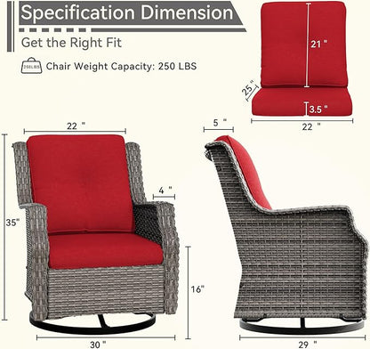 Swivel Patio Chair Outdoors - 360 Degree, Glider Chair with 3.5" Olefin Fabric Cushions (Mixed Grey Rattan/Red)