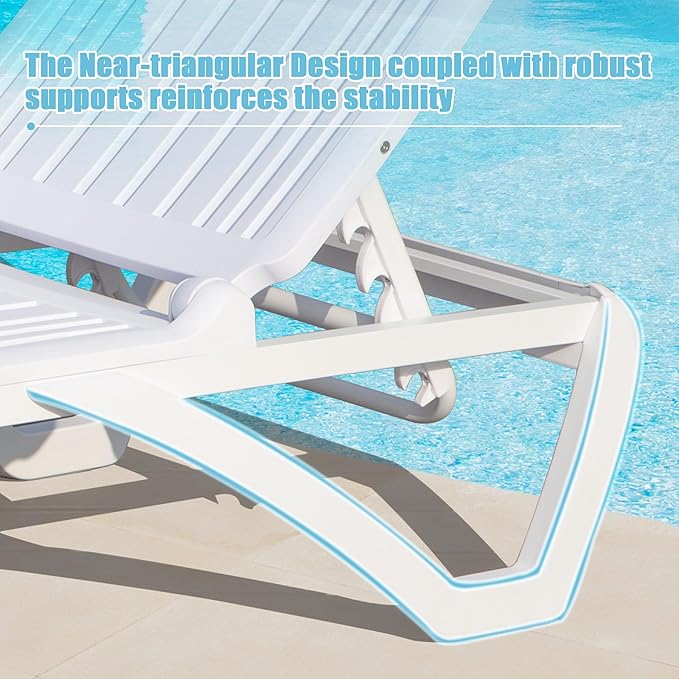 Domi Patio Outdoor Chaise Lounge Chairs Set of 4, All-Weather Plastic Adjustable Reclining Loungers, Stackable Tanning Lounge Chair w/Wheels, for Beach Garden Lawn Pool, White