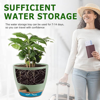 QRRICA Plant Pots 10/9/8 Inch Self Watering Pots, Set of 3 Plastic Planters with Drainage Holes and Saucers,Plastic Flower Pots,Nursery Planting Pot for Indoor Out Door Plants（Green）
