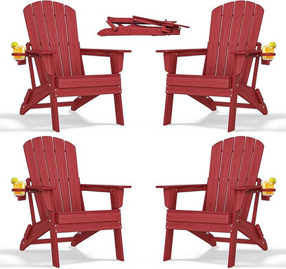nevilywood Folding Adirondack Chair with Cup Holder Set of 4, HDPE Patio Chairs,All-Weather Outdoor Chairs for Backyard, Deck,Fire Pit-Red