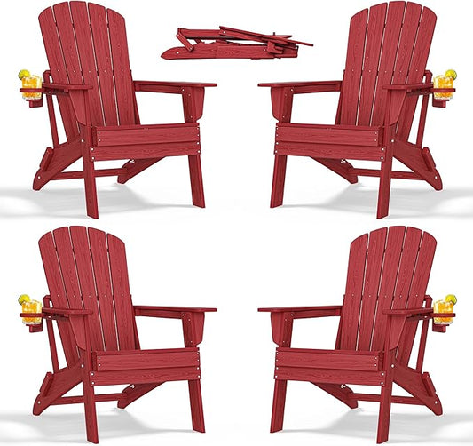 nevilywood Folding Adirondack Chair with Cup Holder Set of 4, HDPE Patio Chairs,All-Weather Outdoor Chairs for Backyard, Deck,Fire Pit-Red