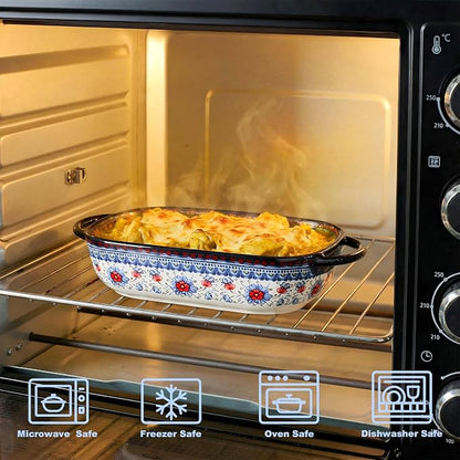 Ceramic Casserole Dishes for Oven, Hand-painted Polish Pottery Baking Dish Set of 2, 0.8QT / 2QT Porcelain Casserole Dishes with Handles, Baking Pan Lasagna Pan, Gift for Family/Friend (Blue)
