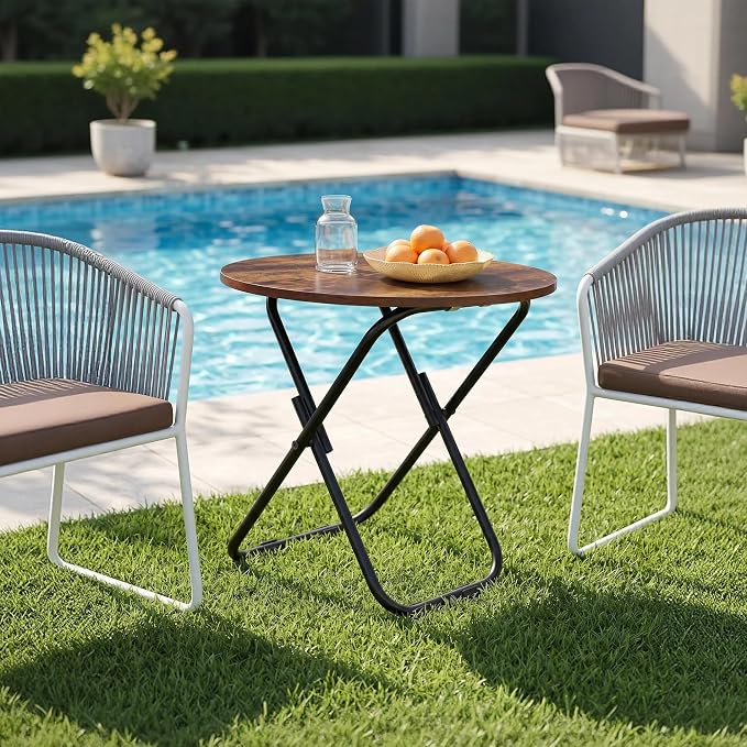 VECELO Patio Outdoor Side Table Set of 2,17.7 inch Small Folding Table Round Waterproof Wood Table,Foldable Anti-Rust Metal Legs Snack Desk for Garden Balcony,Yard,Living Room