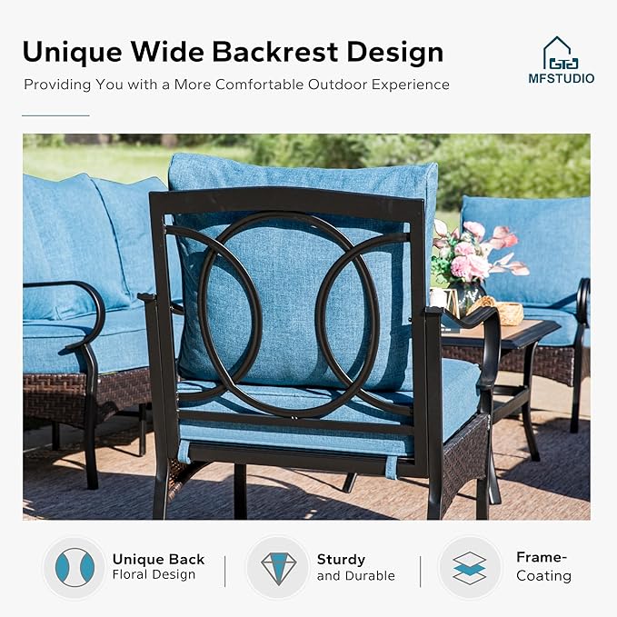 MFSTUDIO 4 Pieces Outdoor Patio Furniture Set, Metal Outdoor Conversation Set, Rattan Wicker Patio Sectional Sofa Set with 2 x Rocking Single Sofa, 3-Seat Sofa, 1 x Coffee Table, Navy Blue