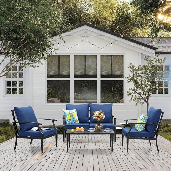 4 Pieces Patio Furniture Set w/loveseat,Coffe Table,Outdoor Conversation Metal Sofa with High Back and Thick Cushion,for Backyard,Garden,Navy