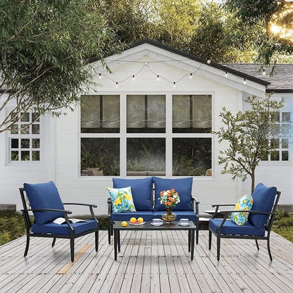 4 Pieces Patio Furniture Set w/loveseat,Coffe Table,Outdoor Conversation Metal Sofa with High Back and Thick Cushion,for Backyard,Garden,Navy