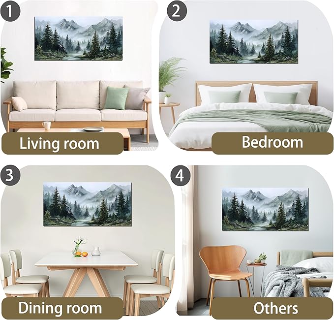 Tarfupth Large Misty Forest Wall Art for Living Room Green Nature Mountain Landscape Canvas Artwork with Trees and River Nature Art for Bedroom Office Home Decor 24x48 Inch
