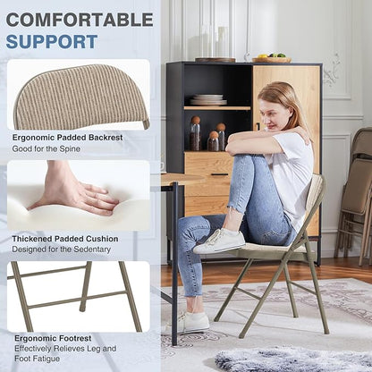 DUMOS 8 Pack Folding Chairs with Padded Cushion and Back - Fabric Stackable Portable Dining Chairs Set, for Home and Office, Conference, Wedding, Party, Patio, Garden, for Indoor Outdoor, Khaki