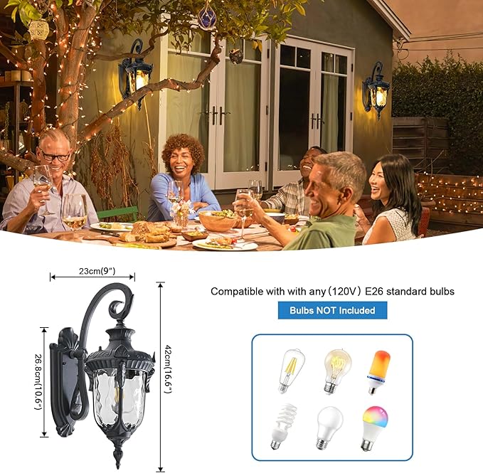 Outdoor Wall Lights, Waterproof Aluminum Porch Wall Light for Outside House, Patio, Yard, Garden, Black Gooseneck Exterior Wall Sconce, Hardwired Outdoor Acorn Shape Lantern Lamp, Water Ripple Glass