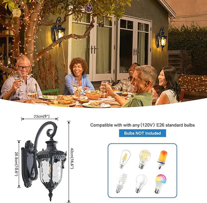 Outdoor Wall Lights, Waterproof Aluminum Porch Wall Light for Outside House, Patio, Yard, Garden, Black Gooseneck Exterior Wall Sconce, Hardwired Outdoor Acorn Shape Lantern Lamp, Water Ripple Glass
