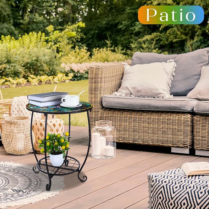 Cinnvoice Outdoor Side Table Round Small Mosaic Patio Accent Indoor End Plant Coffee Tea Table for Yard Patio Porch Garden Living Room, Bedroom(Butterfly Style,18 Inch)