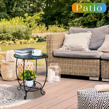 Cinnvoice Outdoor Side Table Round Small Mosaic Patio Accent Indoor End Plant Coffee Tea Table for Yard Patio Porch Garden Living Room, Bedroom(Butterfly Style,18 Inch)