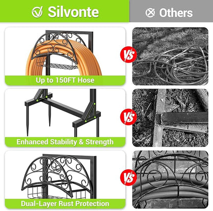 Garden Hose Holder – Freestanding Water Hose Stand with Storage Basket, Sturdy Metal Hanger Heavy-Duty Garden Storage Rack for Outside, Supports 151FT