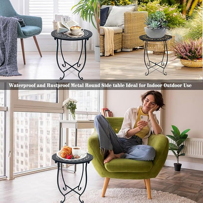 Round Side Table Set of 2, Metal Patio Side Tables End Tables, Weather Resistant Round Coffee Table Bedside Table Nightstand for Home Garden Office, 14 Inch Outdoor Side Table for Patio Balcony Yard