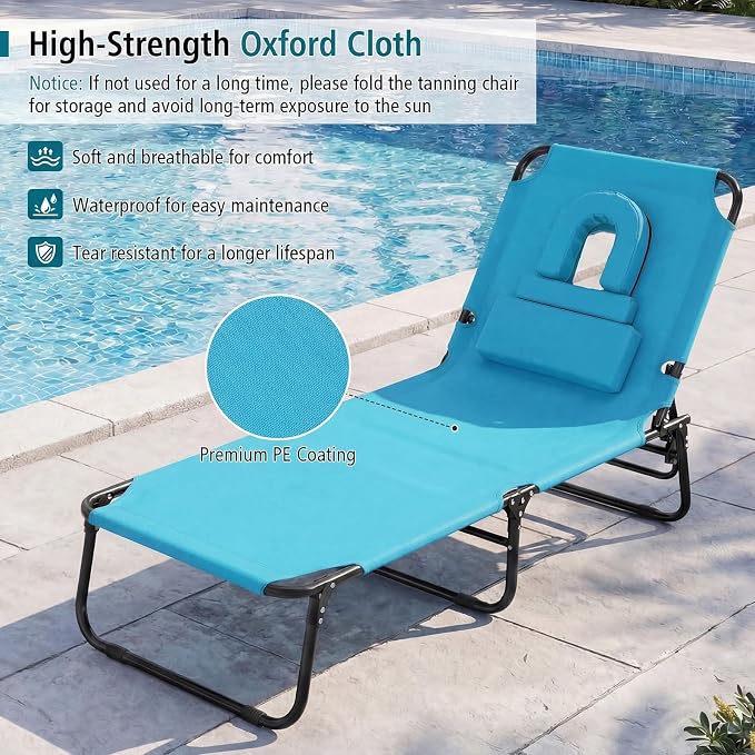 GYMAX Tanning Chair, 330lbs Beach Lounge Chair with Face Hole, Detachable Washable Pillow & Carry Strap, Adjustable Folding Chaise Lounge, Layout Chair for Outside, Patio, Poolside, Lawn (1, Arctic)