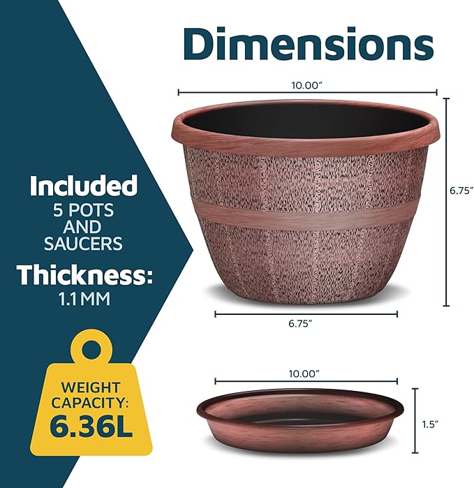 10-Inch Whiskey Barrel Planters Outdoor Pack of 5 - Durable Plastic Plant Pots for Indoor & Outdoor Use with Drainage & Saucer, Lightweight Rustic Barrel Planters for Flowers, Herbs & Small Plants