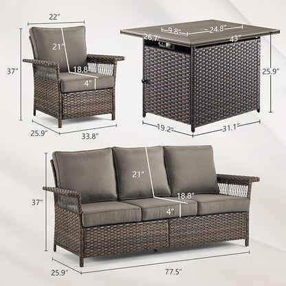 Patio Furniture Set with Fire Pit Table, 4PCS Conversation Set Brown Resin Wicker Chair and Sofa with 41in Rectangular Firepit Table PE Rattan Furniture Set