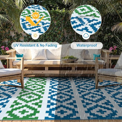 Anidaroel Camping Rug for Outside RV, 8x10 Waterproof Outdoor Rug for Patio Clearance, Reversible Plastic Straw Outside Area Rug for Deck, Camper, Backyard, Picnic(Blue&Green, 8‘x10')