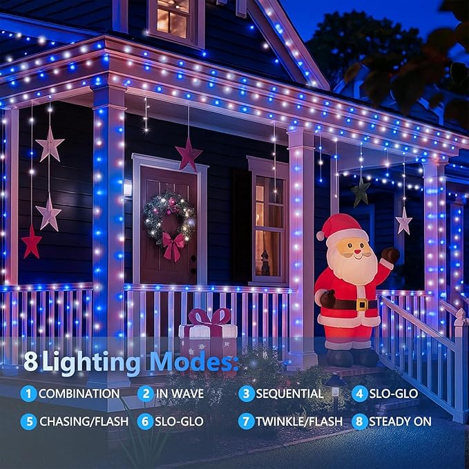 4 Pack 180FT Solar Christmas Lights Outdoor Waterproof, Super Bright 320 LED Solar String Lights with 8 Lighting Modes, Green Wire Solar Twinkle Tree Lights for Outside Xmas Party(Blue and White)