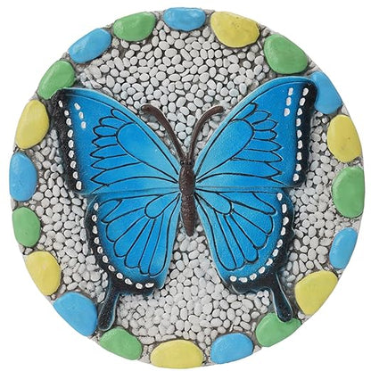 Decorative Butterfly Garden Stepping Stone - Round 10-Inch Concrete, Multi-Colored with Blue Design, Pebble Background for Outdoor Pathways Cynkeyee