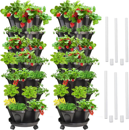 Strawberry Vertical Planter 2 Pack, 7 Tiered Stacking Garden Tower, Stackable Herb Vegetable Planters with Support Pole Indoor Outdoor Black