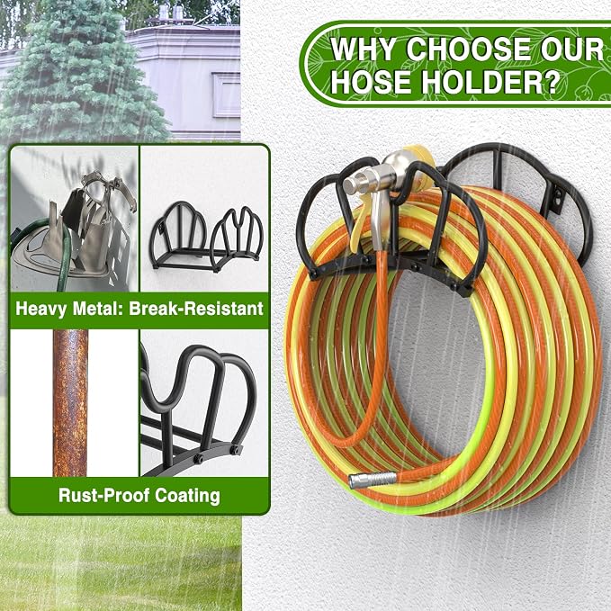 Qatsrin Super Stable Garden Hose Holder Wall Mount, Heavy Duty Water Hose holder Hanger Holds 125-Feet Hose, Metal Hose Storage Reel Rack Organizer for Outside Yard Lawn