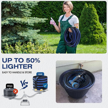 Ultra Lightweight 100FT Garden Hose - Heavy-Duty Kink-Free Flexible Hose, Non-Expanding Design with Aluminum Brass Fittings, Crush-Proof for Yard/Lawn/Outdoor Use(black-blue, 100 FT)