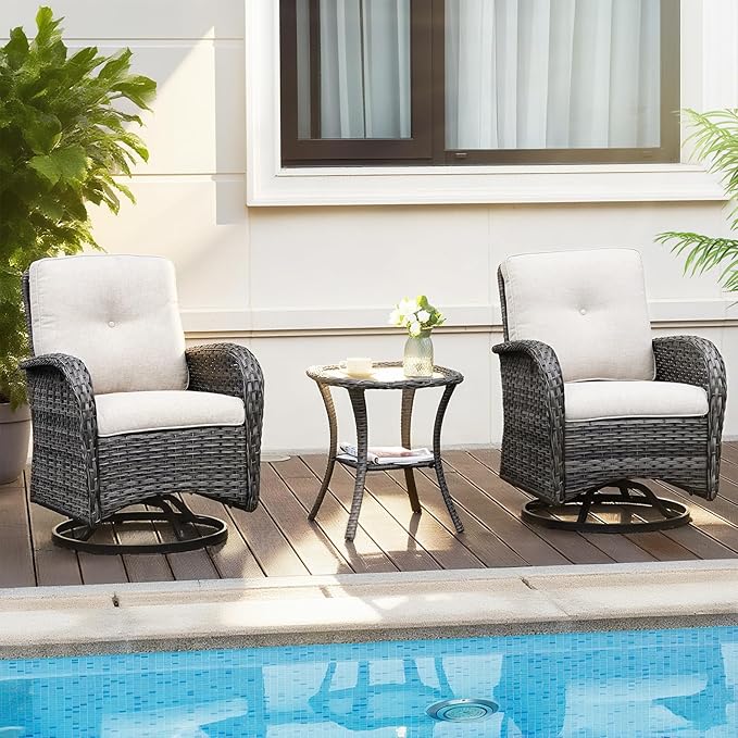 3-Piece Swivel Rocking Patio Set with Water-Repellant Cushions and Glass Table, Outdoor PE Wicker Lounge Set for Balcony, Porch, Garden, Backyard, Café All-Weather Bistro Set