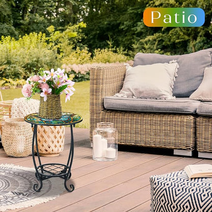 Cinnvoice Outdoor Side Table Round Small Mosaic Patio Accent Indoor End Plant Coffee Tea Table for Yard Patio Porch Garden Living Room, Bedroom(Butterfly Style,12 Inch)