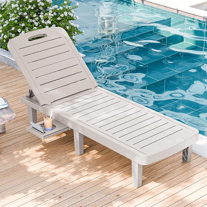 WACASA Outdoor Chaise Lounge Chairs, Oversized Lounge Chairs with 5-Level Adjustable Backrest & Cup Holder, Resin Waterproof Pool Lounge Chair for Patio, Beach, Yard, Gray