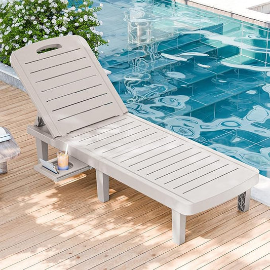 WACASA Outdoor Chaise Lounge Chairs, Oversized Lounge Chairs with 5-Level Adjustable Backrest & Cup Holder, Resin Waterproof Pool Lounge Chair for Patio, Beach, Yard, Gray
