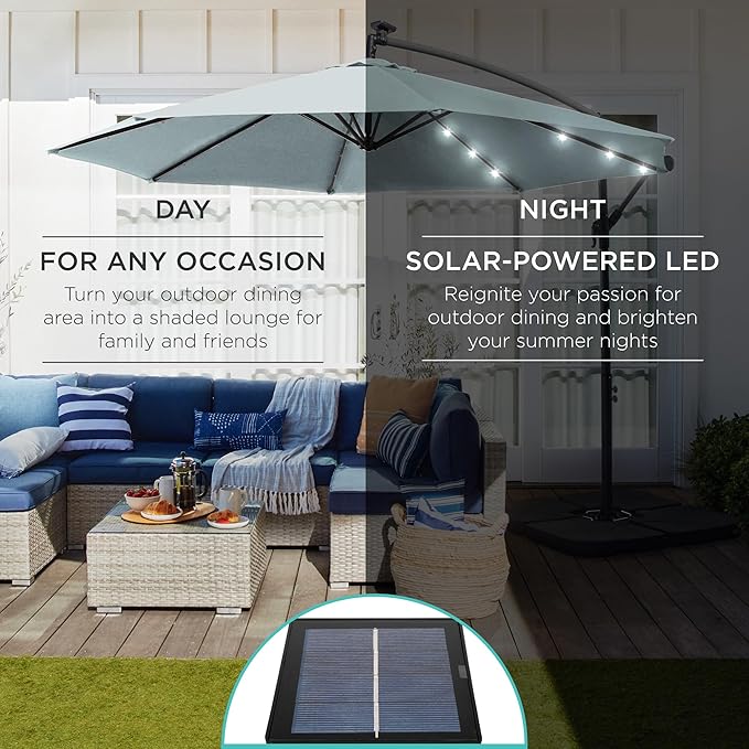 Best Choice Products 10ft Solar LED Offset Hanging Market Patio Umbrella for Backyard, Poolside, Lawn and Garden w/Easy Tilt Adjustment, Polyester Shade, 8 Ribs - Baby Blue