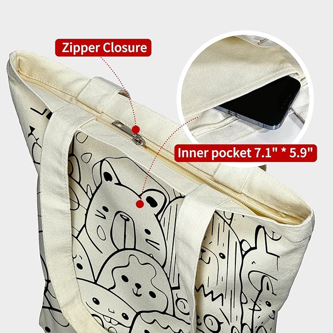 itgowisa Canvas Tote Bag for Women, Tote Bag with Zipper Inner Pocket, Zippered Canvas Bag for Shopping Work Grocery Everyday