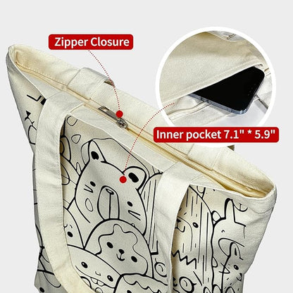 itgowisa Canvas Tote Bag for Women, Tote Bag with Zipper Inner Pocket, Zippered Canvas Bag for Shopping Work Grocery Everyday