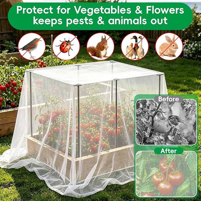 Metal Garden Netting Covers Kit for Raised Beds, 6 Pack 2.6FT Garden Poles Support Stakes with 10×13FT Insect Pest Barrier Plant Netting Mesh & 12 Clips for Vegetable Fruit Flower Garden Protection