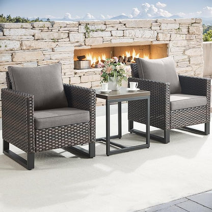 Rilyson Wicker Outdoor Patio Chairs Set - 3 Piece Rattan Patio Furniture Bistro Chairs Set with Waterproof Wicker,Comfortable Cushions and Sturdy Metal Frame for Porch Deck Backyard(Brown/Grey)