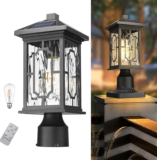 Solar Outdoor Post Light,Dusk to Dawn Aluminum Lamp Posts with Remmote,Waterproof Exterior Pillar Lantern with Water Ripple Glass for Pathway Garden Patio Gargae, 2700K LED Bulb Included