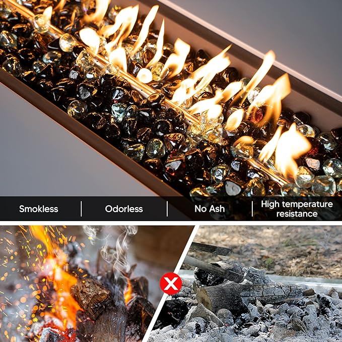 Mr. Fireglass 10 Pounds Blended Diamond Fire Glass, 1 inch High Luster Reflective Glass Rocks for Propane Fire Pit, Firepit Glass Mix for Patio & Landscape, Onyx Black, Crystal Ice, Amber