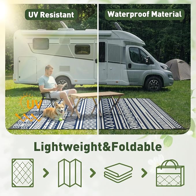 MontVoo Outdoor Rug Carpet Waterproof 6x9 Outdoor Patio Rug Mat Reverisble Plastic Straw Outdoor Rug for RV Camping Picnic Beach Balcony Boho Navy Blue