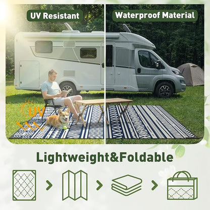 MontVoo Outdoor Rug 8x10 Waterproof Outdoor Patio Rug Mat Reverisble Plastic Straw Outdoor Rug for RV Camping Picnic Beach Balcony Boho Navy Blue