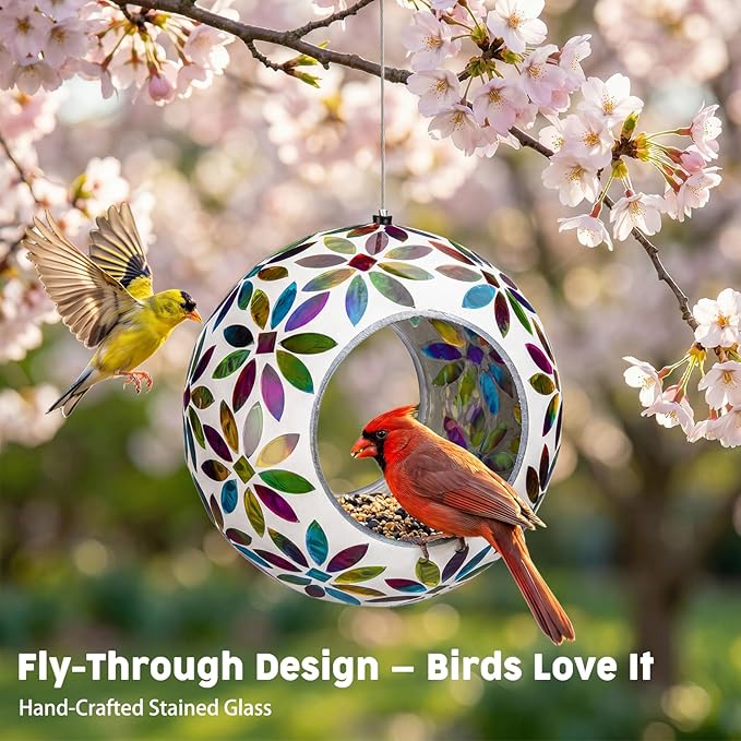 VCUTEKA Bird Feeder for Outside Hanging with Round Shape Glass Container to Attract More Wild Birds, Mosaic Fly Through for Garden, Yard, Backyard, Deck and Porch Decor, 7-Inch