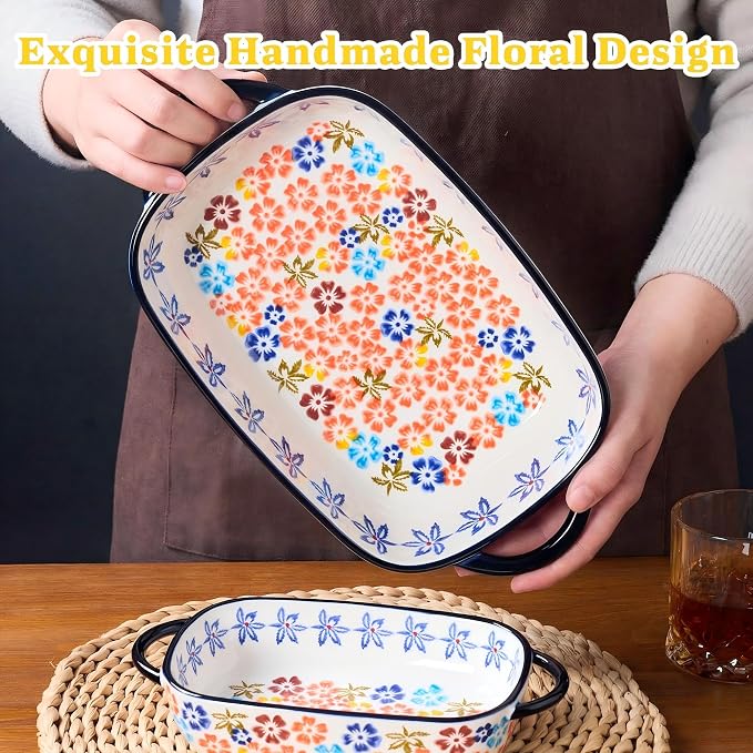 Ceramic Casserole Dishes for Oven, Hand-painted Polish Pottery Baking Dish Set of 2, 0.8QT / 2QT Porcelain Casserole Dish with Handles, Baking Pan Lasagna Pan, Gift for Family/Friend (Yellow)
