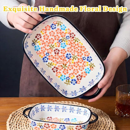 Ceramic Casserole Dishes for Oven, Hand-painted Polish Pottery Baking Dish Set of 2, 0.8QT / 2QT Porcelain Casserole Dish with Handles, Baking Pan Lasagna Pan, Gift for Family/Friend (Yellow)