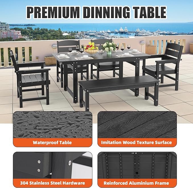 51" 2-Person Outdoor Bench, Weatherproof HIPS Patio Dining Bench Holds up to 800LBS, Poly Lumber Garden Bench with Wood Grains for Porch, Garden, Deck, Entryway, Black