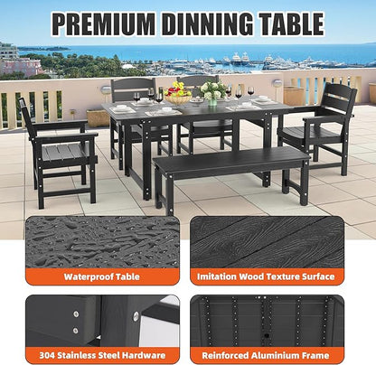 67" Outdoor Dining Table with Umbrella Hole, HIPS All-Weather Rectangular Patio Table for Outdoor/Indoor Use, Black