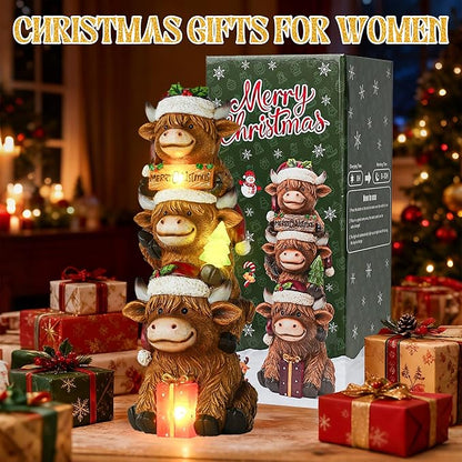 Christmas Highland Cow Decor with Solar Light Triple Highland Cow Christmas Decorations Gifts for Women Mom Funny Highland Cows Garden Statues for Garden Patio Lawn Yard Decor