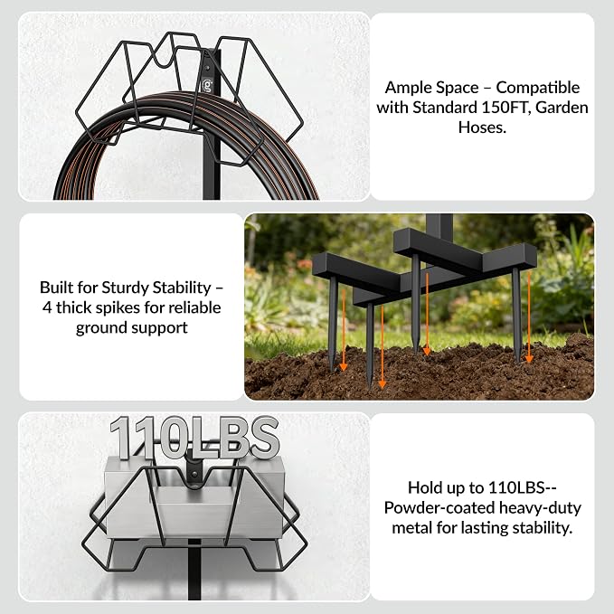 Giraffe Tools Garden Hose Holder Freestanding Heavy Duty Water Hose Holder Metal Stand, Holds 150FT Hose with 4 Spikes,Sturdy Hose Storage Stand for Outside Yard,Lawn,Garden,Black